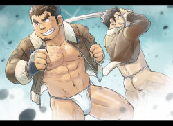 Rule 34 | 2boys, abs, ass, bara, bare pectorals, beard, body hair, brown hair, chest hair, facial hair, fundoshi, japanese clothes, large pectorals, long sideburns, male focus, male underwear, manly, multiple boys, muscular, nipples, pectorals, protagonist 3 (housamo), sideburns, stubble, suv (suv032), takabushi kengo, thick eyebrows, thick thighs, thighs, tokyo houkago summoners, underwear, upper body, white male underwear