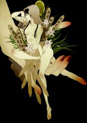 Rule 34 | 2girls, alsyansyan, arm up, black hair, flower, hair censor, highres, lily (flower), long hair, looking at viewer, mini person, minigirl, multiple girls, nail polish, nude, original, out of frame, pale skin, red nails, simple background, sitting, sotoba, veil