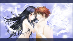 Rule 34 | 10s, 1boy, 1girl, :d, accel world, angel wings, antenna hair, arita haruyuki, arm grab, armpits, back, bad id, bad pixiv id, black hair, blush, brown hair, constricted pupils, couple, eye contact, fat, fat man, feathers, flat chest, floating hair, hair censor, hair over breasts, hand on another&#039;s shoulder, hetero, kuroyukihime, letterboxed, looking at another, nude, open mouth, orange eyes, platin (alios), plump, profile, smile, sparkle, upper body, wings