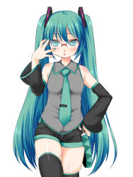 Rule 34 | 1girl, bad id, bad pixiv id, bespectacled, blush, detached sleeves, glasses, green eyes, green hair, hand on own hip, hatsune miku, hikataso, long hair, matching hair/eyes, necktie, shorts, simple background, solo, thighhighs, twintails, very long hair, vocaloid, white background
