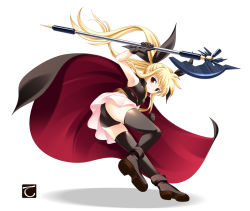 Rule 34 | 10s, 1girl, ankle boots, armpits, ass, bad id, bad pixiv id, bardiche (axe form) (nanoha), bardiche (nanoha), belt, belt bra, black panties, black thighhighs, blonde hair, boots, breasts, cape, clenched hand, fate testarossa, fate testarossa (movie 1st form), floating hair, from below, from side, full body, gloves, hair ribbon, halberd, holding, holding weapon, leotard, long hair, looking back, lyrical nanoha, magical girl, mahou shoujo lyrical nanoha, mahou shoujo lyrical nanoha the movie 1st, miniskirt, outstretched arm, panties, pleated skirt, polearm, red eyes, ribbon, scythe, serious, shadow, sidelocks, simple background, skirt, small breasts, solo, tebukuro, thighhighs, twintails, underwear, upskirt, very long hair, weapon, white background