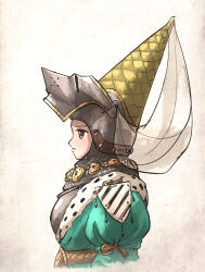 Rule 34 | 1girl, armor, breastplate, chainmail, cuirass, dress, from side, hat, hat tassel, helmet, highres, ironlily, original, plate armor, solo, visor (armor), visor lift, yellow hat
