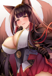 Rule 34 | 1girl, :d, akagi (azur lane), animal ears, azur lane, black gloves, black kimono, blunt bangs, blush, breasts, brown hair, brown tail, cleavage, clothes lift, commentary request, cowboy shot, eyeliner, eyeshadow, fox ears, fox girl, fox tail, from below, gloves, hand up, heart, heart-shaped pupils, highres, japanese clothes, kimono, large breasts, lifting own clothes, long hair, looking at viewer, makeup, multiple tails, open mouth, out of frame, partial commentary, pleated skirt, red eyes, red eyeshadow, red skirt, sakuramon, shirt, sidelocks, simple background, skirt, skirt lift, smile, solo, standing, symbol-shaped pupils, tail, white background, white shirt, wide sleeves, yukinimaru