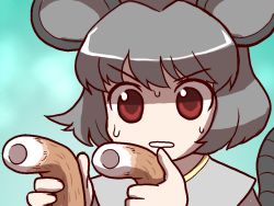 Rule 34 | 1girl, animal ears, bad id, bad pixiv id, chikuwa, female focus, food, grey hair, mono (moiky), mouse ears, mouse tail, nazrin, no nose, portrait, red eyes, solo, sweat, sweatdrop, tail, touhou