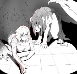 Rule 34 | 1girl, alternate form, artist request, breasts, chimera, crossover, crying, dog, dragon girl, dungeon meshi, falin touden, female focus, fullmetal alchemist, large breasts, medium hair, monochrome, nina tucker, source request, taur, wings