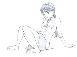 Rule 34 | 1girl, barefoot, feet, female focus, looking at viewer, monochrome, original, sitting, sketch, skirt, smile, soles, solo, traditional media, yoshitomi akihito