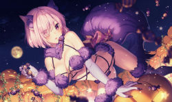 Rule 34 | 1girl, animal ears, blurry, blush, breasts, candy, cleavage, depth of field, dutch angle, elbow gloves, eyes visible through hair, fate/grand order, fate (series), fingernails, fisheye, food, full moon, fur trim, gloves, hair over one eye, jack-o&#039;-lantern, large breasts, mash kyrielight, mash kyrielight (dangerous beast), moon, navel, night, o-ring, o-ring top, official alternate costume, outdoors, parted lips, pink hair, purple eyes, purple gloves, purple thighhighs, revealing clothes, rosuuri, sharp fingernails, short hair, solo, tail, thighhighs, wolf ears, wolf tail