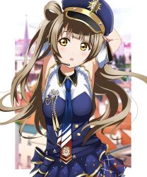 Rule 34 | 1girl, armpits, arms behind head, arms up, bare shoulders, bird, blue dress, blue necktie, blue skirt, breasts, brown hair, detached sleeves, dress, hat, headset, highres, long hair, love live!, love live! school idol project, lovely police (minami kotori), medium breasts, microphone, minami kotori, necktie, open mouth, police, police hat, police uniform, policewoman, skirt, sleeveless, sleeveless dress, uniform, yellow eyes