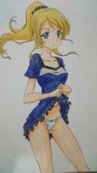 Rule 34 | 1girl, absurdres, ashigaki radar, ayase eli, blonde hair, blue background, blue dress, blue eyes, blue panties, blush, bow, bow panties, breasts, cleavage, clothes lift, collarbone, dress, dress lift, highres, long hair, looking at viewer, love live!, love live! school idol project, medium breasts, navel, panties, ponytail, scrunchie, short sleeves, smile, standing, two-tone background, underwear, white background