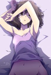Rule 34 | 1girl, armpits, artist name, brown eyes, brown hair, dated, hibike! euphonium, highres, looking at viewer, navel, nii manabu, on bed, open mouth, oumae kumiko, shadow, sleeveless, solo, stomach, tank top, white tank top