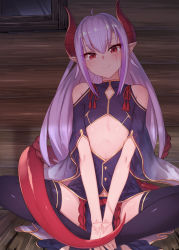 Rule 34 | 1girl, absurdres, bare shoulders, black thighhighs, breasts, butterfly sitting, commentary request, eyes visible through hair, facial mark, hair between eyes, head tilt, highres, horns, ibuki notsu, long hair, looking at viewer, melusine (ibuki notsu), original, pelvic curtain, pointy ears, purple hair, red eyes, sitting, small breasts, smile, solo, thighhighs, v arms, wide sleeves, wooden floor, wooden wall