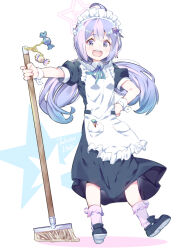Rule 34 | 1girl, :d, ahoge, alternate costume, apron, blue archive, commentary request, enmaided, frilled apron, frills, full body, hair between eyes, hair ornament, halo, hand on own hip, highres, holding, holding mop, long hair, looking at viewer, low twintails, maid, maid apron, maid headdress, mop, multicolored hair, open mouth, pocket, purple eyes, purple hair, reisa (blue archive), short sleeves, sidelocks, simple background, smile, solo, standing, star (symbol), star hair ornament, streaked hair, takano itsuki, twintails, two-tone hair, white background