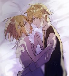 Rule 34 | 1boy, 1girl, adolescence (vocaloid), bed sheet, blonde hair, blue eyes, brother and sister, camisole, eye contact, face-to-face, flat chest, frilled camisole, frills, hair ornament, hairclip, highres, holding hands, hug, kagamine len, kagamine rin, layered camisole, looking at another, lying, necktie, on bed, on side, serious, shirt, short ponytail, siblings, sketch, sleeveless, sleeveless jacket, twins, vocaloid, warabi (danngo-mitarasi), white camisole, yellow neckwear