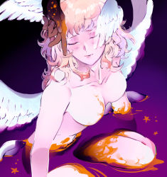Rule 34 | 1futa, 1other, androgynous, angel, angel wings, asuka ryou, blonde hair, breasts, closed eyes, collarbone, devilman, devilman crybaby, feathered wings, futanari, gender request, head wings, nude, partially submerged, satan (devilman), sitting, solo, solo focus, spoilers, voilin (voino), white wings, wings