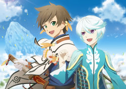 Rule 34 | 2boys, :d, asymmetrical gloves, bad id, bad pixiv id, blue shirt, blue sky, brown hair, cape, cloud, day, earrings, fingerless gloves, fuzuki yuu, gloves, green eyes, hair between eyes, holding, holding sword, holding weapon, jewelry, male focus, mikleo (tales), multiple boys, open mouth, orange feathers, outdoors, purple eyes, shirt, signature, silver hair, sky, smile, sorey (tales), standing, sword, tales of (series), tales of zestiria, uneven gloves, upper body, weapon, white cape, white gloves