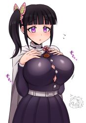 Rule 34 | 1girl, :o, absurdres, bad id, bad pixiv id, belt, belt buckle, black hair, breasts, buckle, budou (sktr210), bug, butterfly, butterfly hair ornament, button gap, buttons, cape, cleavage, cloak, coin, embarrassed, hair ornament, hair tie, hands on own chest, highres, huge breasts, insect, kamado tanjirou, kimetsu no yaiba, large breasts, motion lines, pleated skirt, purple eyes, short hair, side ponytail, sidelocks, skirt, solo, sweatdrop, tsuyuri kanao, uniform, white background, white belt, white cape, white cloak