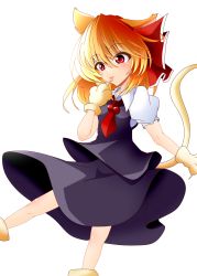 Rule 34 | 1girl, animal ears, animal hands, black skirt, black vest, blonde hair, blush, boots, breasts, cat ears, closed mouth, collar, collared shirt, hair between eyes, hair ribbon, hand up, highres, looking to the side, medium breasts, muumuu (sirufuruteienn), necktie, one-hour drawing challenge, puffy short sleeves, puffy sleeves, red eyes, red necktie, red ribbon, ribbon, rumia, shirt, short hair, short sleeves, simple background, skirt, smile, solo, tail, tongue, tongue out, touhou, vest, white background, white shirt, white sleeves, yellow footwear
