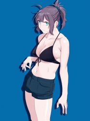 Rule 34 | 1girl, absurdres, aoba (kancolle), bikini, bikini top only, black bikini, blue background, blue eyes, blue scrunchie, blue shorts, cowboy shot, front-tie top, hair ornament, hair scrunchie, highres, huge filesize, kantai collection, looking at viewer, ojipon, ponytail, purple hair, scrunchie, short hair, shorts, simple background, smile, solo, swimsuit