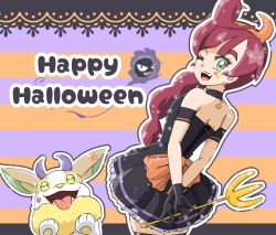 Rule 34 | 1girl, alternate costume, black dress, black gloves, braid, chloe (pokemon), creatures (company), dress, facial tattoo, fake horns, fangs, fangs out, game freak, gastly, gen 1 pokemon, gen 8 pokemon, gloves, green eyes, happy halloween, horns, long hair, looking at viewer, maroon hair, nintendo, one eye closed, pokemon, pokemon (anime), pokemon (creature), pokemon journeys, polearm, side braid, sleeveless, striped, striped background, tattoo, teeth, trident, upper teeth only, weapon, yamper