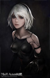 Rule 34 | 1girl, alternate hair length, alternate hairstyle, android, arm at side, armlet, bare shoulders, black gloves, black hairband, black shorts, black thighhighs, blue eyes, breasts, breasts apart, collarbone, copyright name, cowboy shot, elbow gloves, eyelashes, eyeliner, frostce, gloves, hair between eyes, hair ornament, hairband, hand up, highres, joints, lips, lipstick, looking at viewer, makeup, medium breasts, mole, mole under mouth, nier:automata, nier (series), nose, parted lips, pink lips, robot joints, short hair, short shorts, shorts, silver hair, sleeveless, solo, standing, tank top, thighhighs, upper body, watermark, web address, a2 (nier:automata)