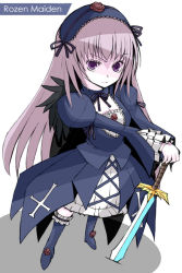Rule 34 | 00s, 1girl, black panties, collarbone, cross-laced clothes, detached collar, flower, frilled sleeves, frills, hairband, kannagi kaname, lolita hairband, long hair, long sleeves, looking at viewer, panties, purple eyes, rose, rozen maiden, sheath, sheathed, silver hair, simple background, solo, standing, suigintou, underwear, very long hair, white background
