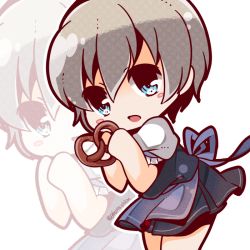 Rule 34 | 10s, 1girl, alternate costume, apron, bloom2425, blue eyes, blush, chibi, food, german clothes, holding, holding food, kantai collection, looking at viewer, oktoberfest, open mouth, pretzel, puffy short sleeves, puffy sleeves, ribbon, short hair, short sleeves, silver hair, solo, twitter username, waist apron, z1 leberecht maass (kancolle)