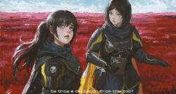 Rule 34 | 2girls, absurdres, armor, black gloves, black hair, cape, closed mouth, commentary request, cowboy shot, day, english text, gloves, hair between eyes, helldiver (helldivers), helldivers (series), highres, holding, long hair, looking at another, looking to the side, multiple girls, no headwear, outdoors, parted lips, partial commentary, short hair, teeth, upper body, upper teeth only, xianggang jizhe