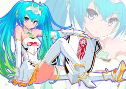 Rule 34 | 1girl, bad id, bad pixiv id, bare shoulders, blue eyes, blue hair, detached collar, dress, elbow gloves, gloves, goodsmile company, goodsmile racing, gradient hair, green hair, hatsune miku, highres, kyo (kyo21413), long hair, looking at viewer, matching hair/eyes, multicolored hair, race queen, racing miku, racing miku (2015), smile, solo, strapless, strapless dress, thighhighs, twintails, very long hair, vocaloid, white dress, white gloves, white thighhighs