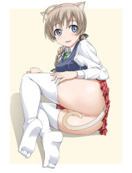 Rule 34 | 1girl, ahoge, animal ears, anus, ass, blue eyes, blush, bottomless, braid, brown hair, cat ears, cat tail, censored, convenient censoring, feet, hair over shoulder, lambda (kusowarota), long hair, lying, lynette bishop, necktie, on side, open mouth, plaid, plaid skirt, pleated skirt, single braid, skirt, smile, socks, solo, strike witches, tail, tail censor, thighhighs, white socks, world witches series