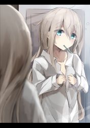 Rule 34 | 10s, 1girl, bad id, bad pixiv id, blonde hair, blue eyes, buttons, collarbone, door, hair between eyes, highres, kantai collection, letterboxed, long hair, mirror, miyabino (miyabi1616), mouth hold, naked shirt, shirt, solo, u-511 (kancolle), undressing, upper body