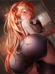 Rule 34 | 1girl, apron, ass grab, bad id, bad pixiv id, bent over, blurry, blurry background, blush, brown apron, brown hair, commentary request, denim, dutch angle, girls&#039; frontline, green eyes, hair between eyes, hair ribbon, high ponytail, highres, holding, holding tray, jeans, long hair, looking at viewer, looking back, male hand, nose blush, open mouth, pants, ribbon, shirt, solo focus, springfield (girls&#039; frontline), suru (ksoo420), sweat, tray, very long hair, white shirt