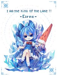 Rule 34 | 1girl, blue dress, blue eyes, blue hair, bow, character name, chibi, cirno, crossed legs, dress, english text, food, fruit, full body, grin, hair ornament, hair ribbon, harrymiao, highres, ice, ice wings, looking at viewer, mary janes, matching hair/eyes, puffy sleeves, ribbon, shoes, short hair, short sleeves, sitting, smile, socks, solo, text focus, touhou, triangle mouth, watermelon, white background, white socks, wings
