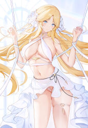 1girl absurdres azur_lane bikini blonde_hair blue_eyes breasts brest_(azur_lane) brest_(marine_muse)_(azur_lane) choker commentary_request criss-cross_halter fishtail_dress flower halterneck highres large_breasts long_hair looking_at_viewer official_alternate_costume pointy_ears rem_mie see-through_clothes see-through_skirt skindentation skirt solo swimsuit thong_bikini very_long_hair white_choker white_flower white_skirt wrist_flower