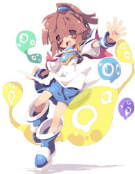 Rule 34 | 1girl, :d, arle nadja, armor, armored dress, blob, blue footwear, blue skirt, boots, brown eyes, brown hair, capelet, dango mushi, full body, half updo, madou monogatari, open mouth, outstretched arms, puyo (puyopuyo), puyopuyo, short hair, skirt, smile, spread arms, white background