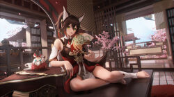 Rule 34 | 1girl, animal ears, architecture, barefoot, black shirt, blue sky, breasts, brown hair, cherry blossoms, day, east asian architecture, fox ears, fox girl, green eyes, hair between eyes, highres, honkai: star rail, honkai (series), indoors, legs, ling dianxia, long hair, multicolored hair, no shoes, paid reward available, ponytail, red hair, shirt, sky, small breasts, socks, solo, stirrup legwear, streaked hair, tingyun (honkai: star rail), toeless legwear, toes, white socks