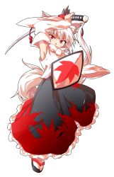 Rule 34 | 1girl, alphes (style), animal ears, bare shoulders, dairi, full body, hat, highres, inubashiri momiji, katana, looking at viewer, parody, pom pom (clothes), red eyes, shield, shirt, short hair, silver hair, solo, style parody, surprised, sword, tail, tokin hat, touhou, transparent background, variant set, weapon, white shirt, wolf ears, wolf tail