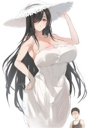 Rule 34 | 1boy, 1girl, artist name, bare shoulders, black hair, black tank top, blush, bow, breasts, cleavage, cowboy shot, dated, dress, faceless, faceless male, fingernails, hair over one eye, hand on headwear, hand on own hip, hasshaku-sama, hat, hat bow, hat ribbon, hip focus, huge breasts, kogeneko, long hair, looking at viewer, looking down, mature female, mole, mole on breast, mole under eye, nose blush, one eye closed, original, parted lips, red eyes, ribbon, see-through, shiny skin, simple background, sketch, smile, solo focus, spaghetti strap, straw hat, sundress, swept bangs, tall female, tank top, very long hair, white background, white dress, white headwear
