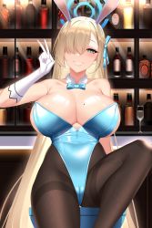 Rule 34 | 1girl, absurdres, alcohol, areola slip, arm support, armpit crease, asuna (blue archive), bar (place), bar stool, blonde hair, blue archive, blue bow, blue bowtie, blue eyes, blue leotard, blush, bow, bowtie, breasts, brown pantyhose, cameltoe, champagne flute, chixiao, clenched teeth, collar, counter, cup, detached collar, drinking glass, eyelashes, feet out of frame, fine fabric emphasis, gloves, hair over one eye, hair ribbon, hairband, halo, hand up, highres, huge breasts, large areolae, leaning back, legs, leotard, liquor, long hair, looking at viewer, mole, mole on breast, pantyhose, playboy bunny, ribbon, shiny skin, sidelocks, sitting, skin tight, solo, stool, teeth, thighs, undersized breast cup, v, wedgie, white collar, white gloves