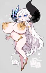 1girl animal_ears asymmetrical_horns black_horns blue_eyes breasts broken_horn covered_erect_nipples cow_ears cow_girl cow_horns cow_tail crystal crystal_horns ear_tag grey_background hair_between_eyes high_heels highres horns huge_horns long_hair mato_tsuyoi mismatched_horns nude opal_(gemstone) oppai_loli original outie_navel pregnant simple_background tail white_hair yamada_vanhouten_(mato_tsuyoi)