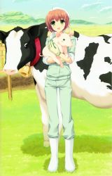 Rule 34 | 1girl, :d, absurdres, alpha (yukai na nakamatachi), bell, bird, boots, brown hair, chick, cow, cowbell, ear tag, farm, fence, gloves, grass, green eyes, highres, open mouth, pig, rubber boots, scan, sleeves rolled up, smile, wooden fence