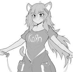 Rule 34 | 1girl, absurdres, animal ear fluff, animal ears, arknights, band shirt, clothes writing, cowboy shot, earpiece, gravel (arknights), greyscale, highres, korn (band), long hair, merchandise, monochrome, sally (luna-arts), shirt, smile, sword, t-shirt, thick eyebrows, unzipped, very long hair, weapon