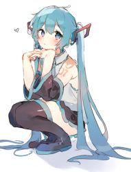 Rule 34 | 1girl, aqua eyes, aqua hair, black skirt, black thighhighs, closed mouth, detached sleeves, full body, hatsune miku, heart, highres, long hair, looking at viewer, number tattoo, otintin, own hands together, shirt, simple background, sitting, skirt, solo, squatting, tattoo, thighhighs, twintails, vocaloid, white background, white shirt