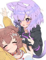 Rule 34 | 2girls, :3, :d, absurdres, animal ear fluff, animal ears, arms up, blush, bone hair ornament, brown hair, cat ears, cat tail, choker, closed eyes, commentary, dog ears, dog girl, fang, hair ornament, highres, hololive, hood, hoodie, inugami korone, inugami korone (1st costume), long hair, low twintails, multiple girls, nekomata okayu, nekomata okayu (1st costume), onigiri print, open mouth, purple eyes, purple hair, short hair, simple background, smile, symbol-only commentary, tail, twintails, virtual youtuber, white background, zeru (wisel army)