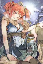Rule 34 | 1girl, blush, bottle, breasts, cable, cleavage, commentary request, cork, dress, looking at viewer, medium breasts, on head, onozuka komachi, red eyes, red hair, rock, rope, smile, snow, snow boots, solo, touhou, two side up, yamisawa