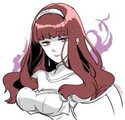 Rule 34 | 1girl, aura, blunt bangs, breasts, celica (fire emblem), cleavage, corruption, dark persona, detached collar, earrings, fire emblem, fire emblem echoes: shadows of valentia, fire emblem heroes, hairband, jewelry, long hair, looking at viewer, medium breasts, nintendo, portrait, possessed, possession, red eyes, red hair, simple background, sketch, smile, solo, spot color, tokusa riko, white background