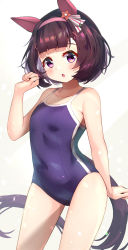 Rule 34 | 1girl, absurdres, animal ears, black eyes, black hair, blue one-piece swimsuit, blunt bangs, bob cut, competition school swimsuit, contrapposto, cowboy shot, ear covers, flat chest, hair ornament, highres, horse ears, horse girl, horse tail, looking at viewer, meyamu, nishino flower (umamusume), one-piece swimsuit, school swimsuit, short hair, simple background, solo, standing, swimsuit, tail, umamusume, white background, x hair ornament