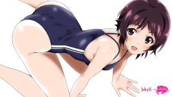 Rule 34 | 1girl, all fours, from above, looking at viewer, maeda kanon, mizuki makoto, one-piece swimsuit, photokano, school swimsuit, short hair, simple background, solo, swimsuit, white background