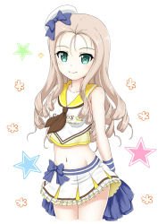 Rule 34 | 1girl, alternate costume, bare shoulders, beret, blue bow, blush, bow, breasts, brown hair, brown neckerchief, cheerleader, closed mouth, clothes writing, collarbone, commentary request, cropped legs, flipper, floral background, forehead, frilled skirt, frills, girls und panzer, green eyes, groin, hair bow, hair strand, hat, highres, holding, marie (girls und panzer), midriff, mini hat, navel, neckerchief, parted bangs, pleated skirt, pom pom (cheerleading), sailor collar, shirt, simple background, skirt, sleeveless, sleeveless shirt, small breasts, smile, solo, star (symbol), starry background, tilted headwear, white background, white hat, white shirt, white skirt, wristband, yellow sailor collar