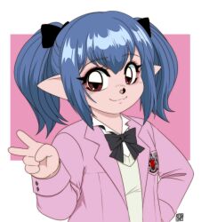 Rule 34 | 0tacat, 1girl, absurdres, black bow, black bowtie, blue hair, bow, bowtie, brown eyes, commentary, commission, english commentary, final fantasy, final fantasy xiv, hand on own hip, highres, jacket, lalafell, pink jacket, pointy ears, signature, snout, solo, twintails, v, warrior of light (ff14)