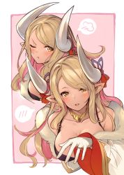 Rule 34 | &gt; o, 1girl, bare shoulders, blonde hair, blush, breasts, brown eyes, colored inner hair, dark-skinned female, dark skin, draph, earrings, fur-trimmed jacket, fur trim, gloves, granblue fantasy, highres, horn ornament, horn ribbon, horns, jacket, jewelry, kumbhira (granblue fantasy), large breasts, long hair, looking at viewer, mayusaki yuu, multicolored hair, necklace, off shoulder, one eye closed, parted bangs, pink hair, pointy ears, pout, ribbon, ring, smile, solo, two-tone hair, upper body, wedding ring, white gloves, white jacket, wide sleeves